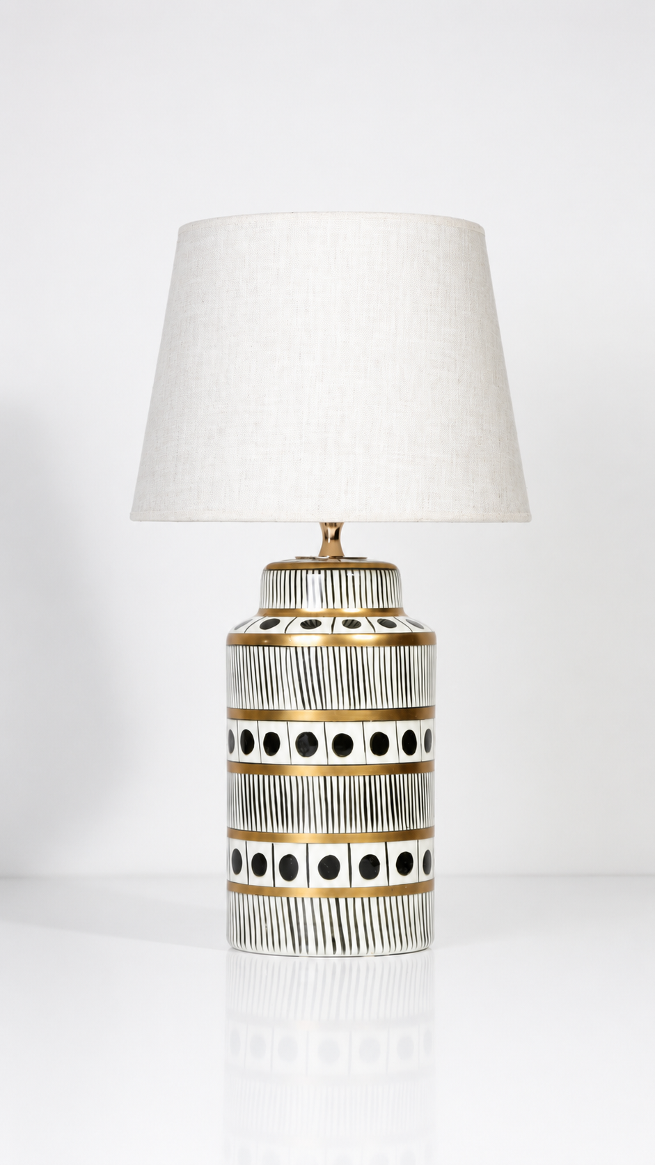 Black & White Ceramic Table Lamp with Gold Bands & Dots