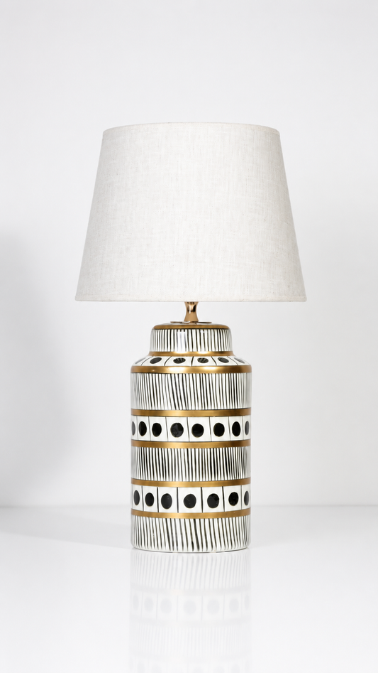 Black & White Ceramic Table Lamp with Gold Bands & Dots