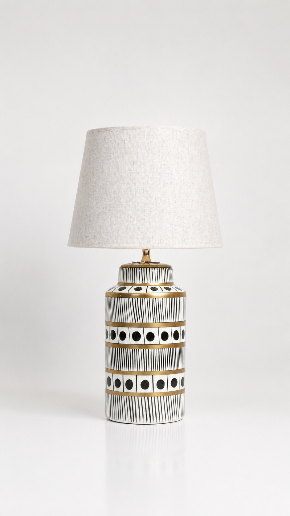 Black & White Ceramic Table Lamp with Gold Bands & Dots