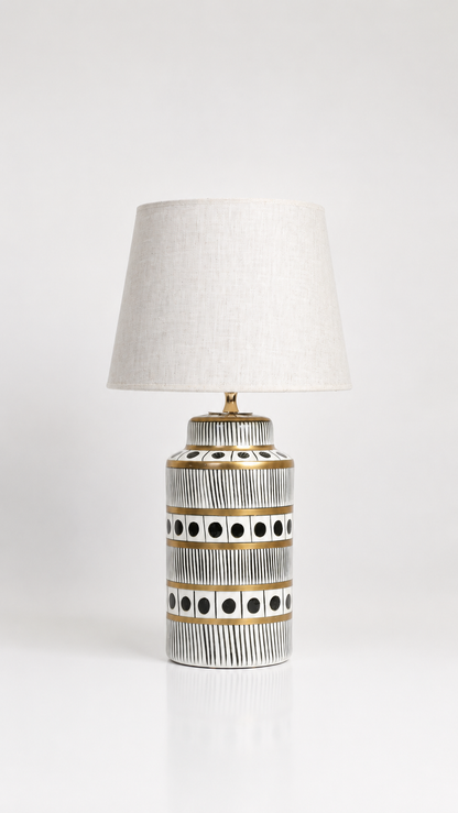 Black & White Ceramic Table Lamp with Gold Bands & Dots