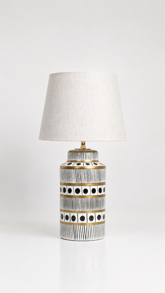 Black & White Ceramic Table Lamp with Gold Bands & Dots