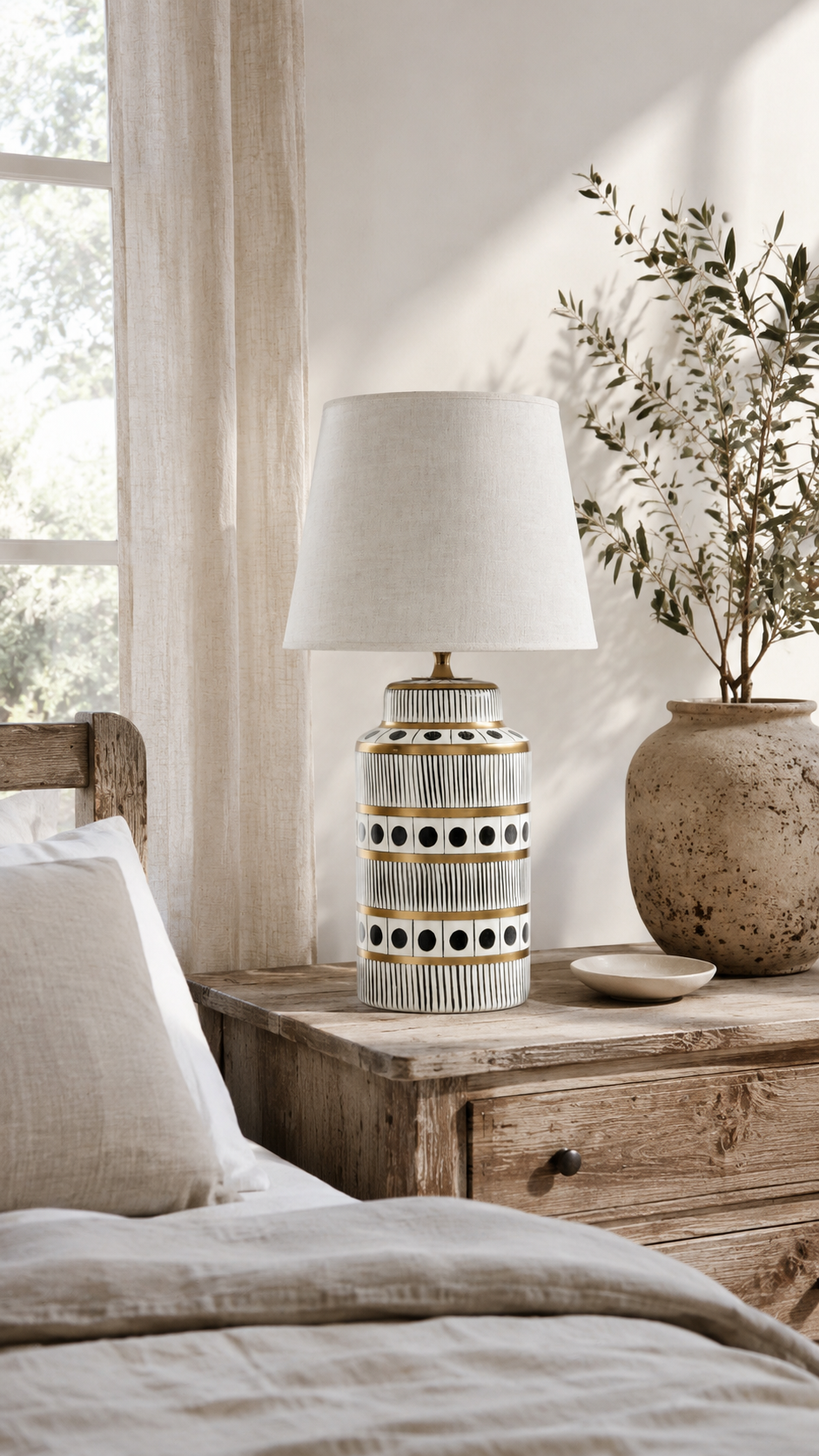 Black & White Ceramic Table Lamp with Gold Bands & Dots
