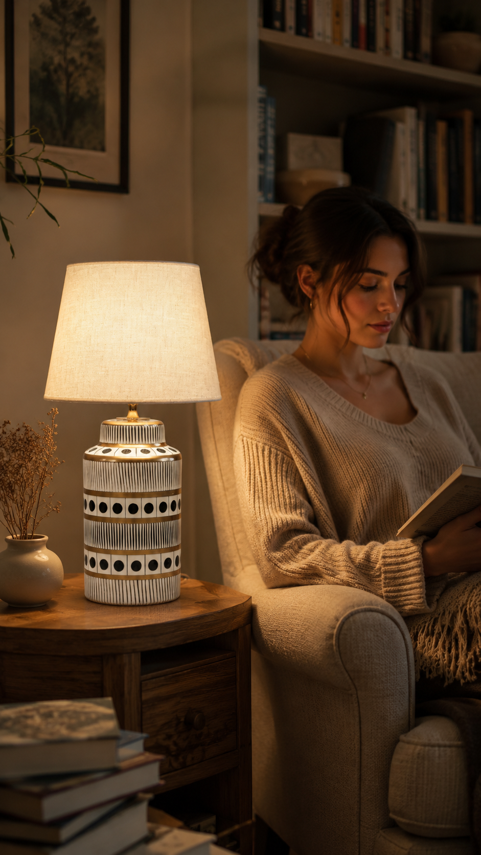 Black & White Ceramic Table Lamp with Gold Bands & Dots