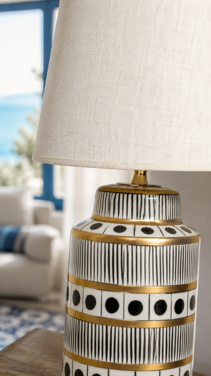 Black & White Ceramic Table Lamp with Gold Bands & Dots