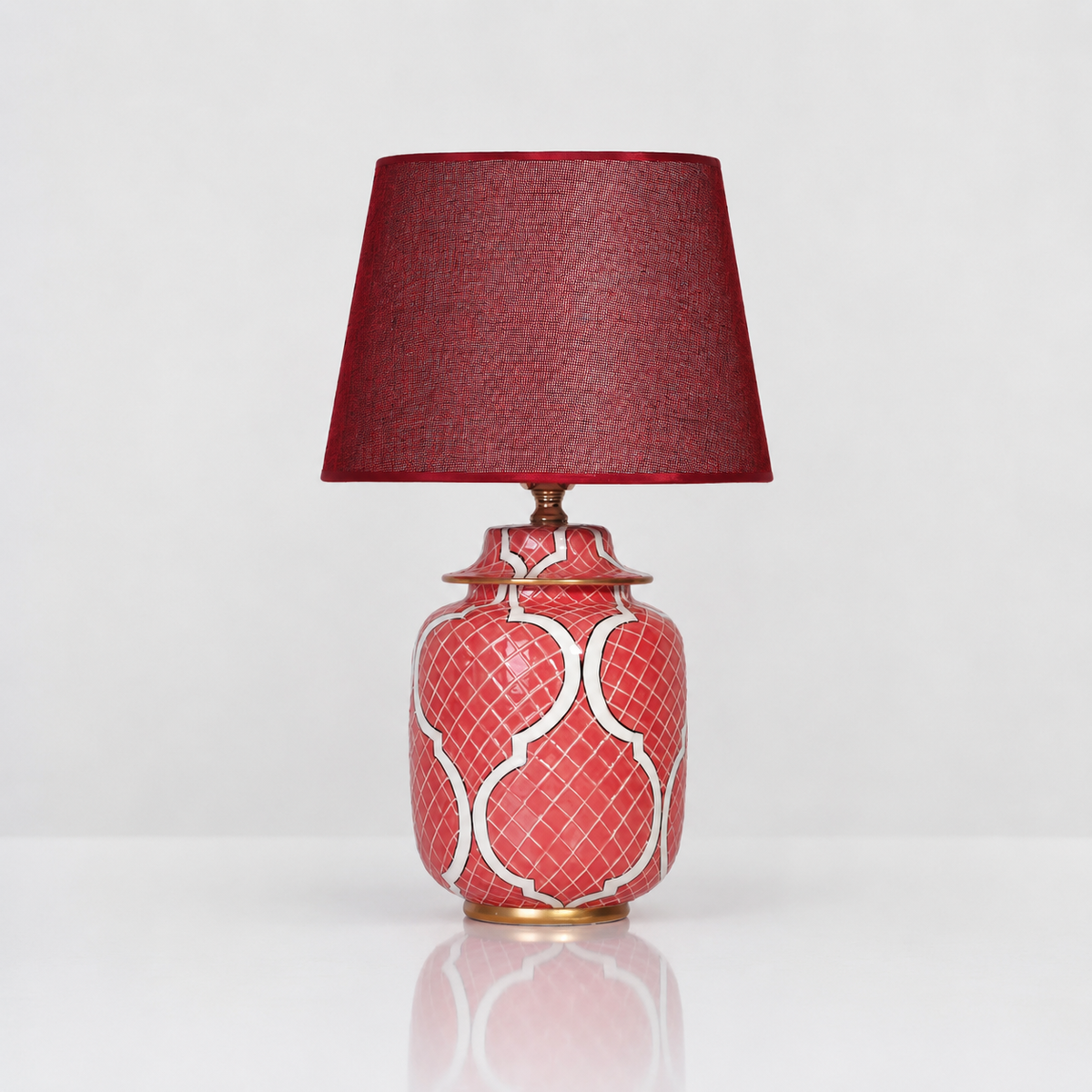 Coral Red Ceramic Ginger Jar Table Lamp with Gold Trim