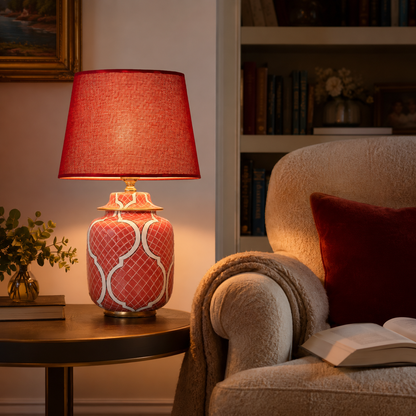 Coral Red Ceramic Ginger Jar Table Lamp with Gold Trim