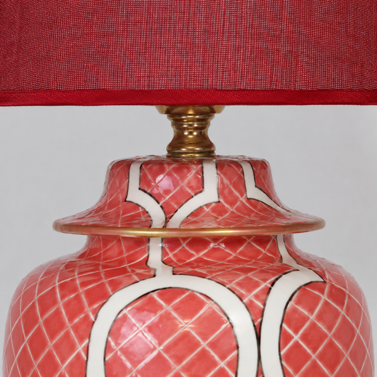 Coral Red Ceramic Ginger Jar Table Lamp with Gold Trim