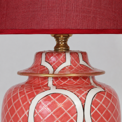 Coral Red Ceramic Ginger Jar Table Lamp with Gold Trim