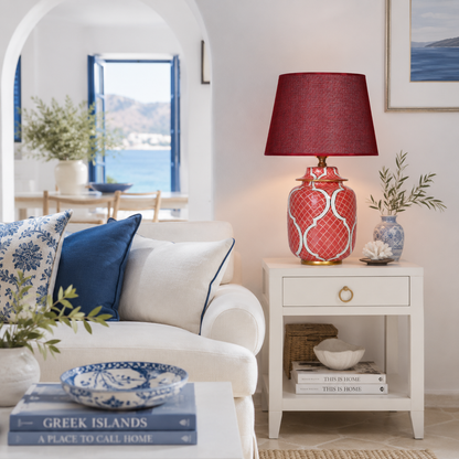 Coral Red Ceramic Ginger Jar Table Lamp with Gold Trim