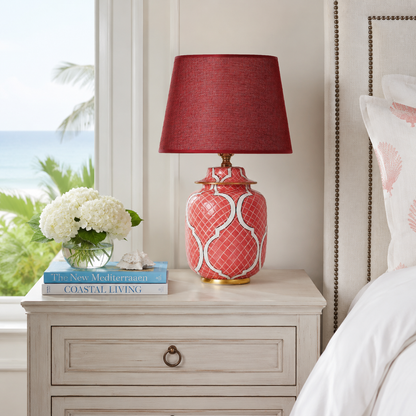 Coral Red Ceramic Ginger Jar Table Lamp with Gold Trim