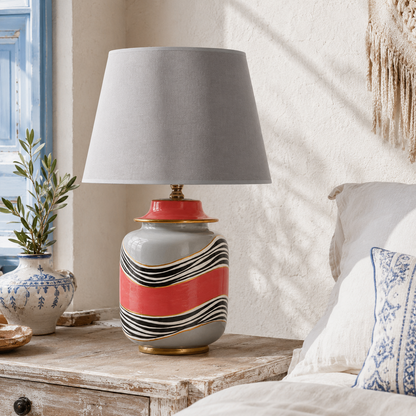 Grey & Coral Ceramic Table Lamp with Wave Stripes & Gold Trim