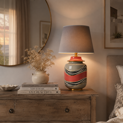 Grey & Coral Ceramic Table Lamp with Wave Stripes & Gold Trim