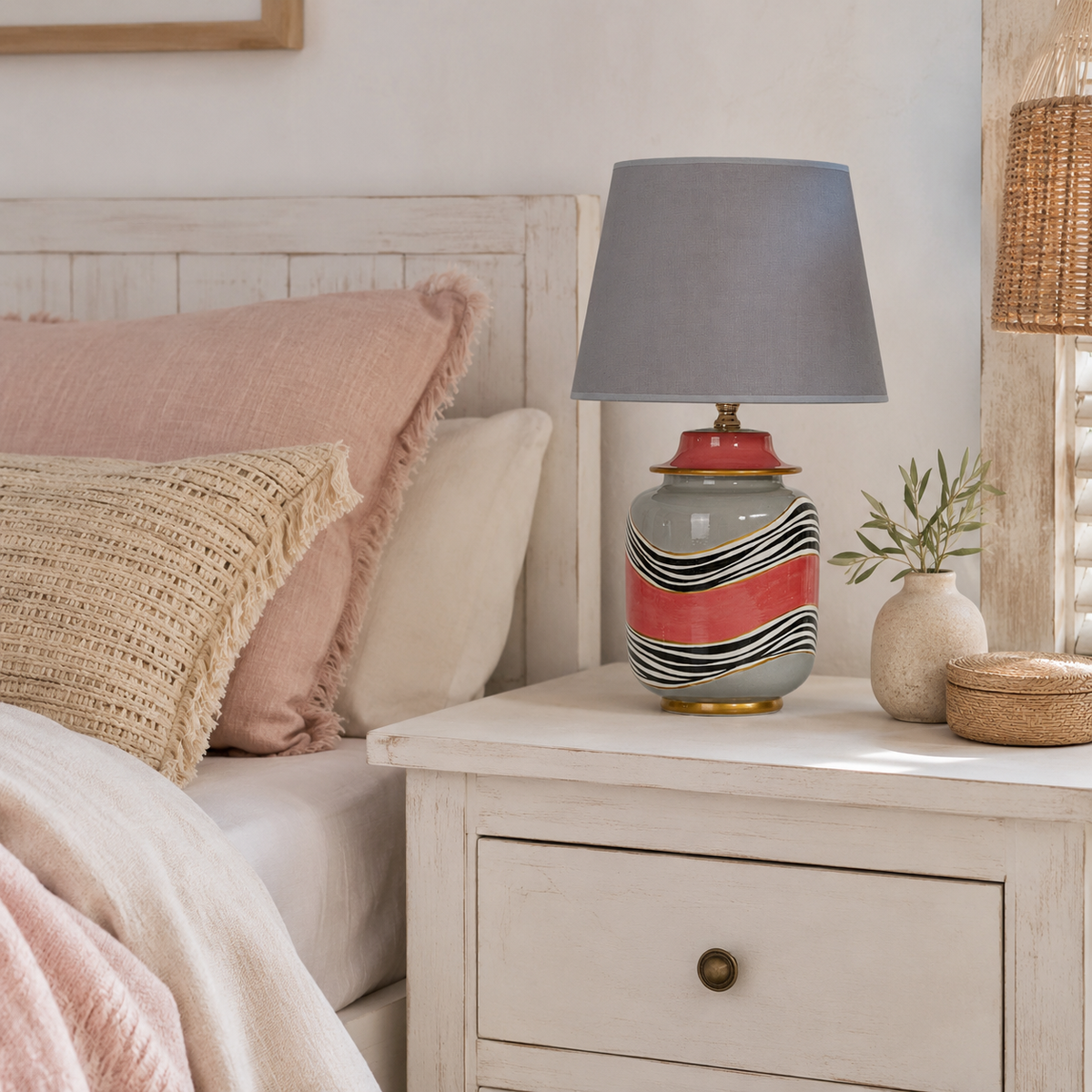 Grey & Coral Ceramic Table Lamp with Wave Stripes & Gold Trim