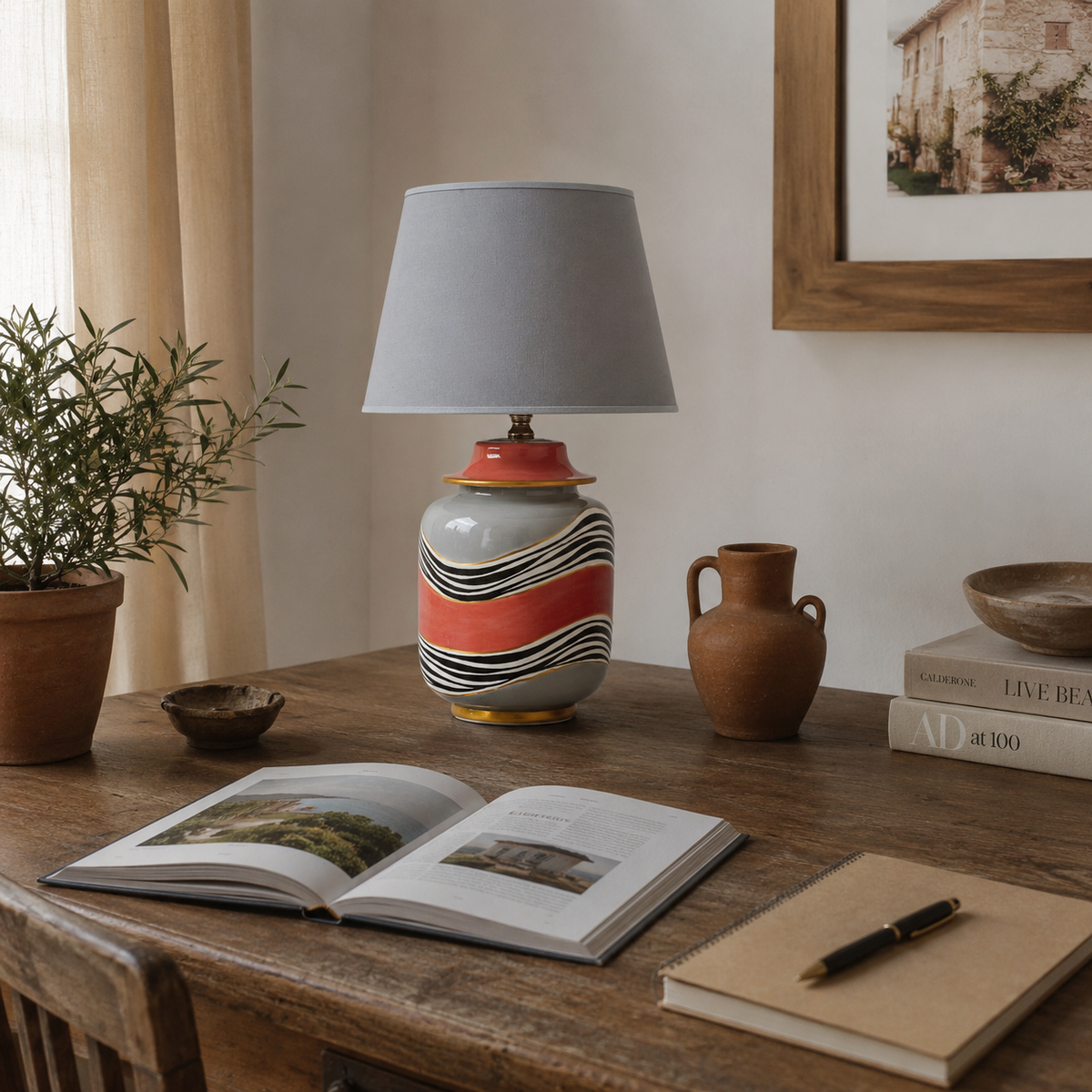Grey & Coral Ceramic Table Lamp with Wave Stripes & Gold Trim