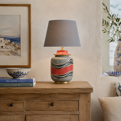 Grey & Coral Ceramic Table Lamp with Wave Stripes & Gold Trim