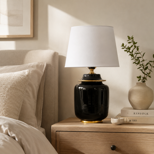 Black Ceramic Ginger Jar Table Lamp with White Shade & Gold Trim