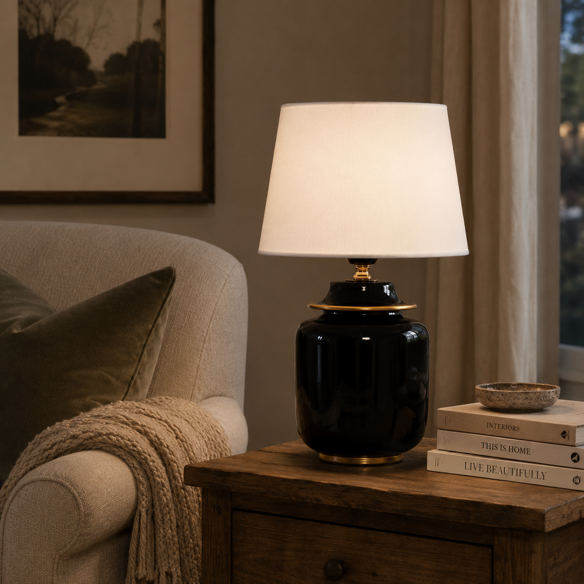 Black Ceramic Ginger Jar Table Lamp with White Shade & Gold Trim