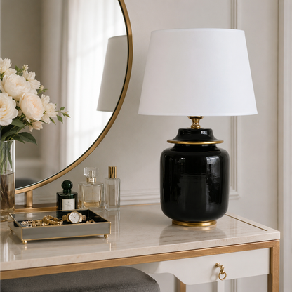 Black Ceramic Ginger Jar Table Lamp with White Shade & Gold Trim