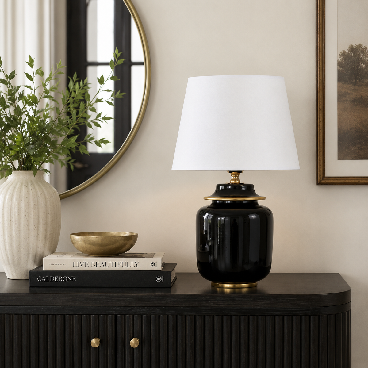 Black Ceramic Ginger Jar Table Lamp with White Shade & Gold Trim