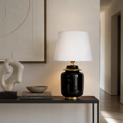 Black Ceramic Ginger Jar Table Lamp with White Shade & Gold Trim