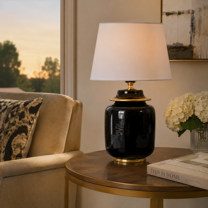 Black Ceramic Ginger Jar Table Lamp with White Shade & Gold Trim