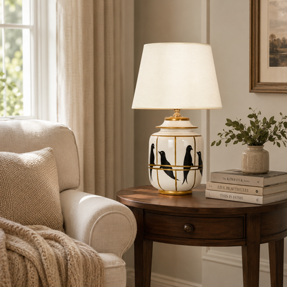 White Ceramic Bird Table Lamp with Gold Trim, Ginger Jar Bedside Lamp