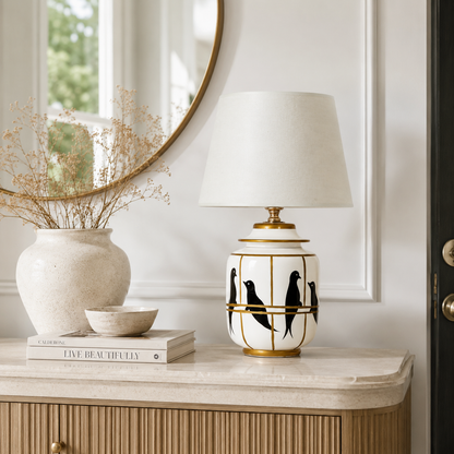White Ceramic Bird Table Lamp with Gold Trim, Ginger Jar Bedside Lamp