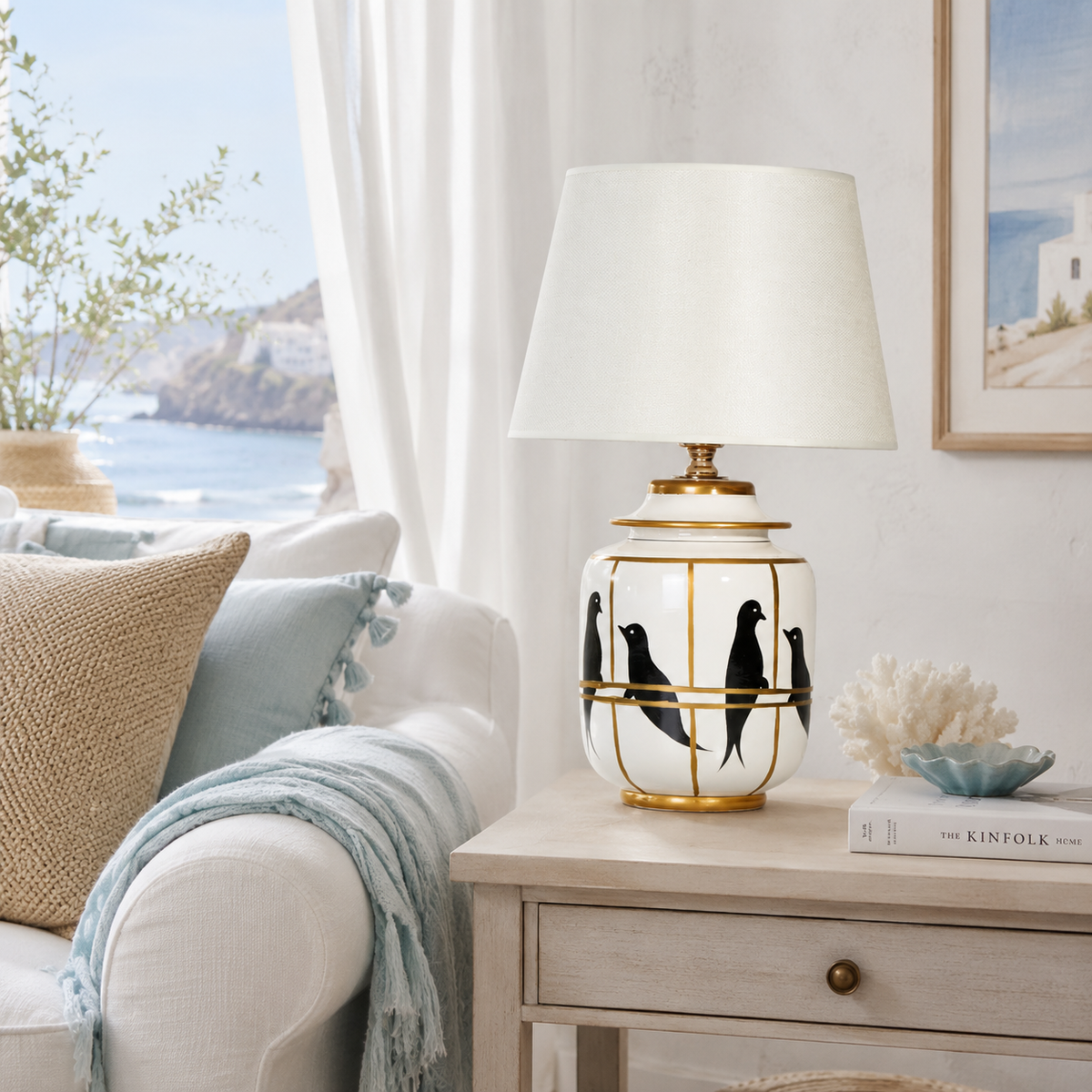 White Ceramic Bird Table Lamp with Gold Trim, Ginger Jar Bedside Lamp
