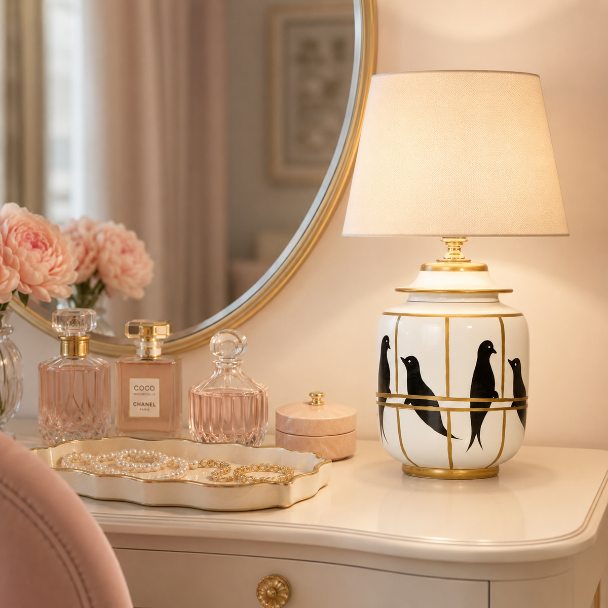 White Ceramic Bird Table Lamp with Gold Trim, Ginger Jar Bedside Lamp