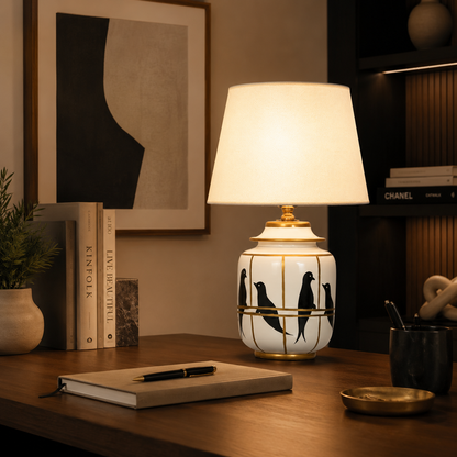 White Ceramic Bird Table Lamp with Gold Trim, Ginger Jar Bedside Lamp
