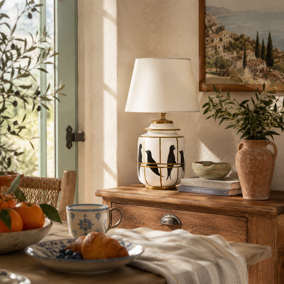 White Ceramic Bird Table Lamp with Gold Trim, Ginger Jar Bedside Lamp