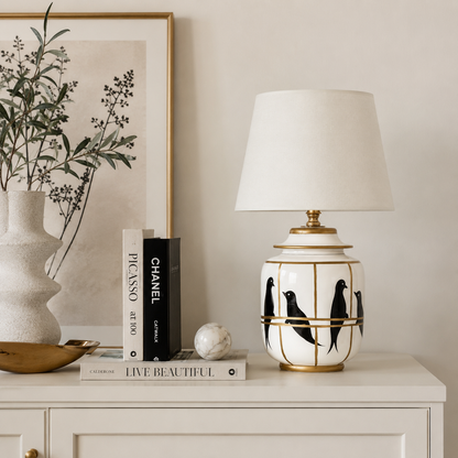 White Ceramic Bird Table Lamp with Gold Trim, Ginger Jar Bedside Lamp