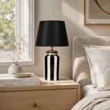 Black & White Striped Ceramic Table Lamp with Black Shade