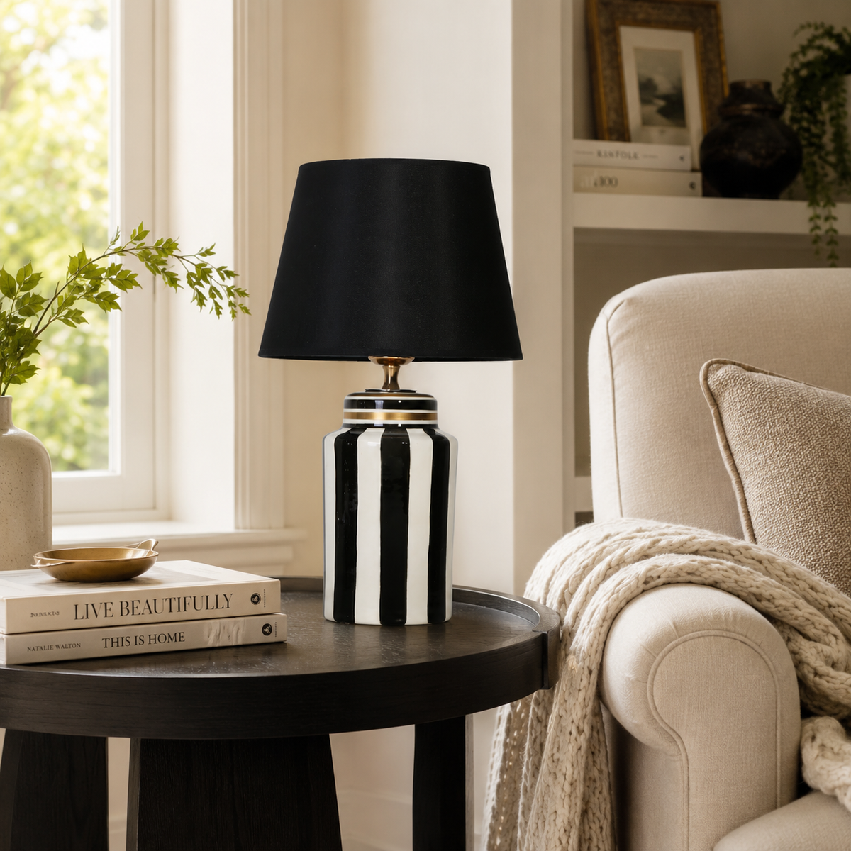 Black & White Striped Ceramic Table Lamp with Black Shade
