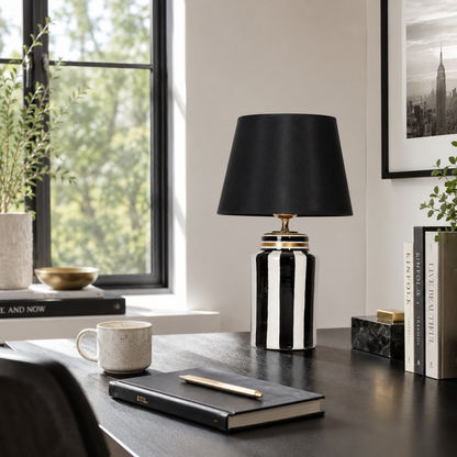 Black & White Striped Ceramic Table Lamp with Black Shade