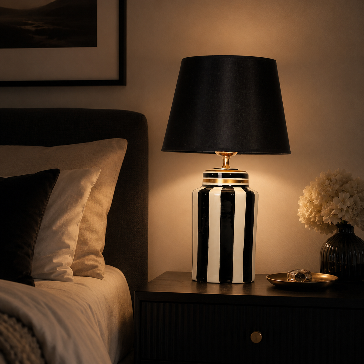 Black & White Striped Ceramic Table Lamp with Black Shade