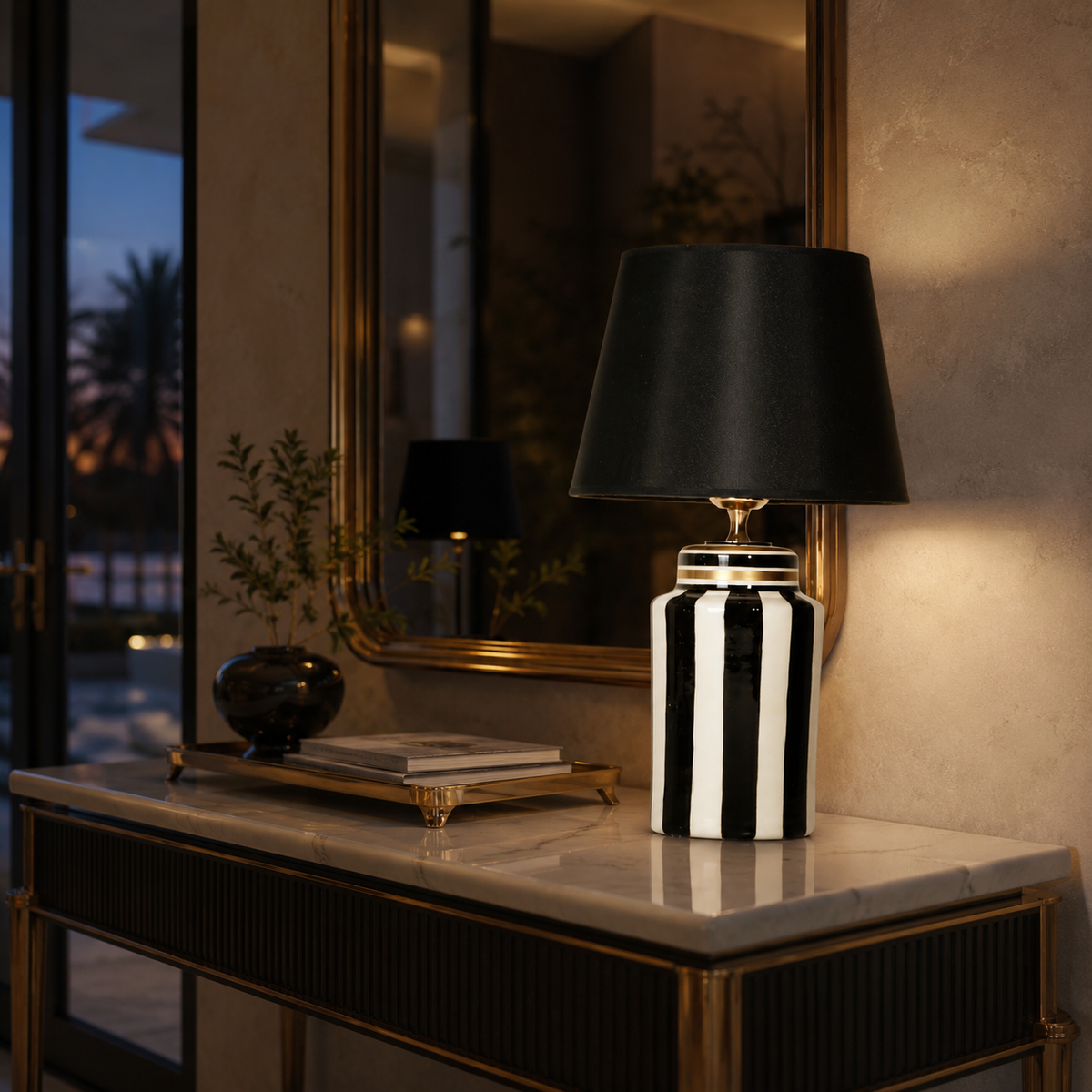 Black & White Striped Ceramic Table Lamp with Black Shade