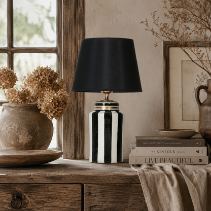 Black & White Striped Ceramic Table Lamp with Black Shade