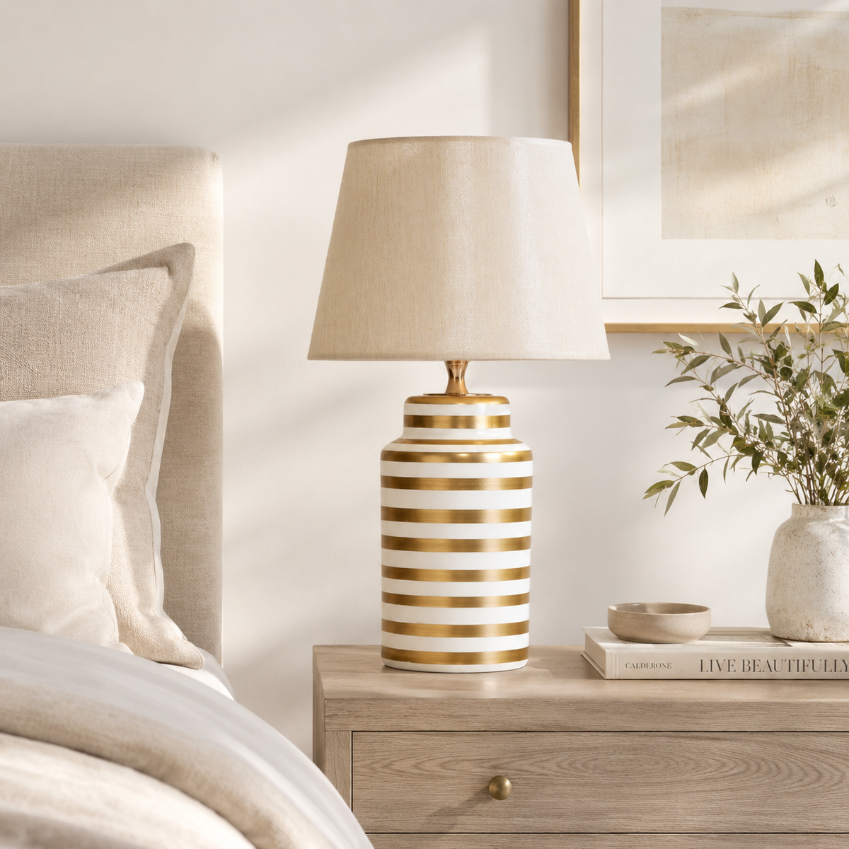 White & Gold Striped Ceramic Table Lamp, Ivory Shade Bedside Lamp