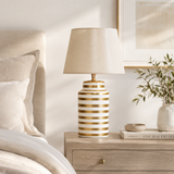 White & Gold Striped Ceramic Table Lamp, Ivory Shade Bedside Lamp