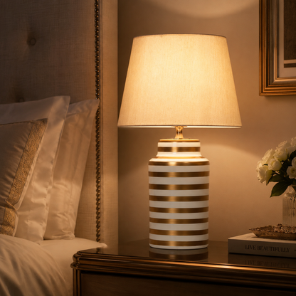White & Gold Striped Ceramic Table Lamp, Ivory Shade Bedside Lamp