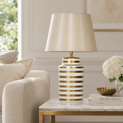 White & Gold Striped Ceramic Table Lamp, Ivory Shade Bedside Lamp