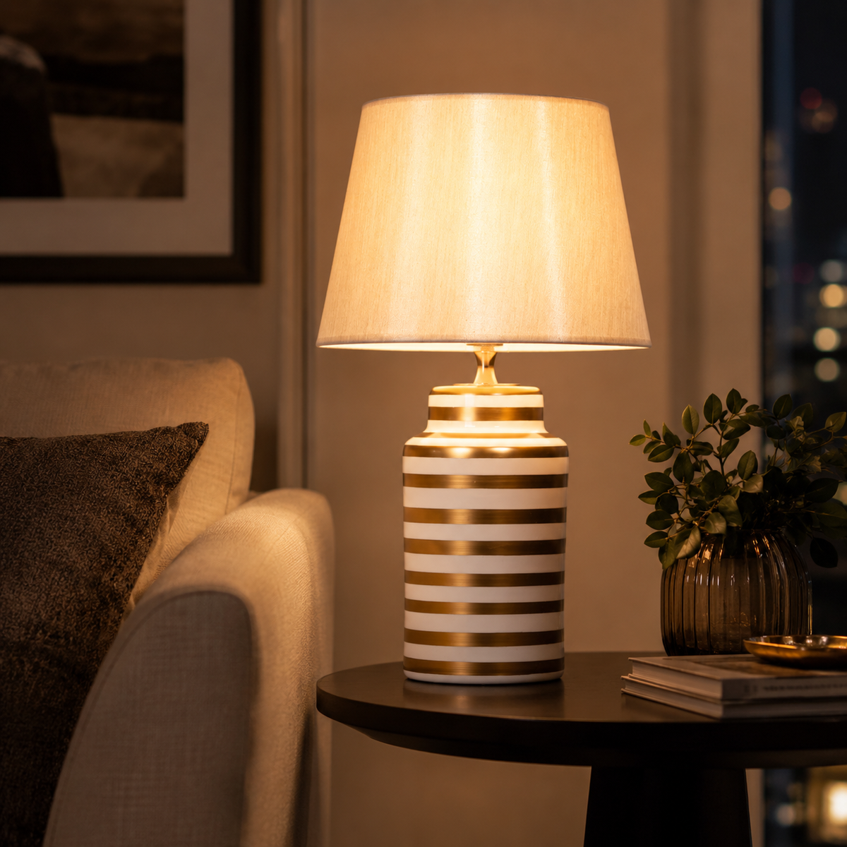White & Gold Striped Ceramic Table Lamp, Ivory Shade Bedside Lamp