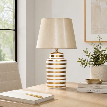 White & Gold Striped Ceramic Table Lamp, Ivory Shade Bedside Lamp