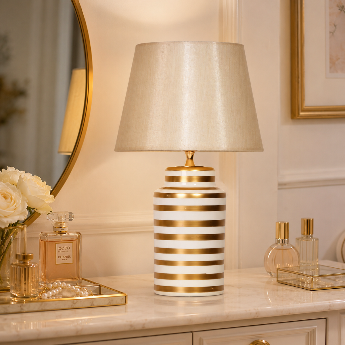 White & Gold Striped Ceramic Table Lamp, Ivory Shade Bedside Lamp