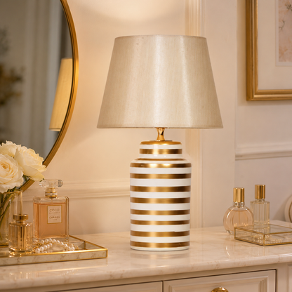 White & Gold Striped Ceramic Table Lamp, Ivory Shade Bedside Lamp