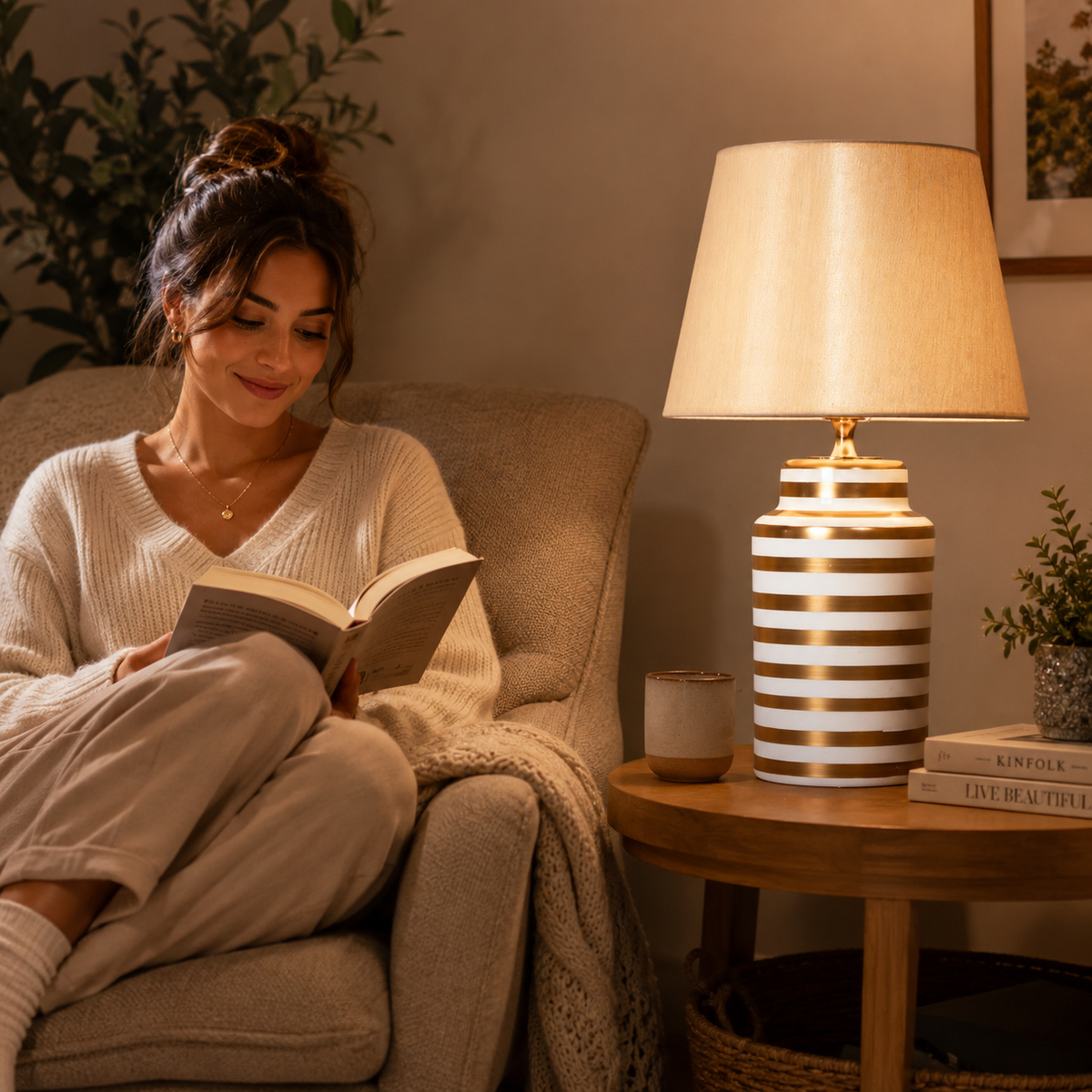White & Gold Striped Ceramic Table Lamp, Ivory Shade Bedside Lamp