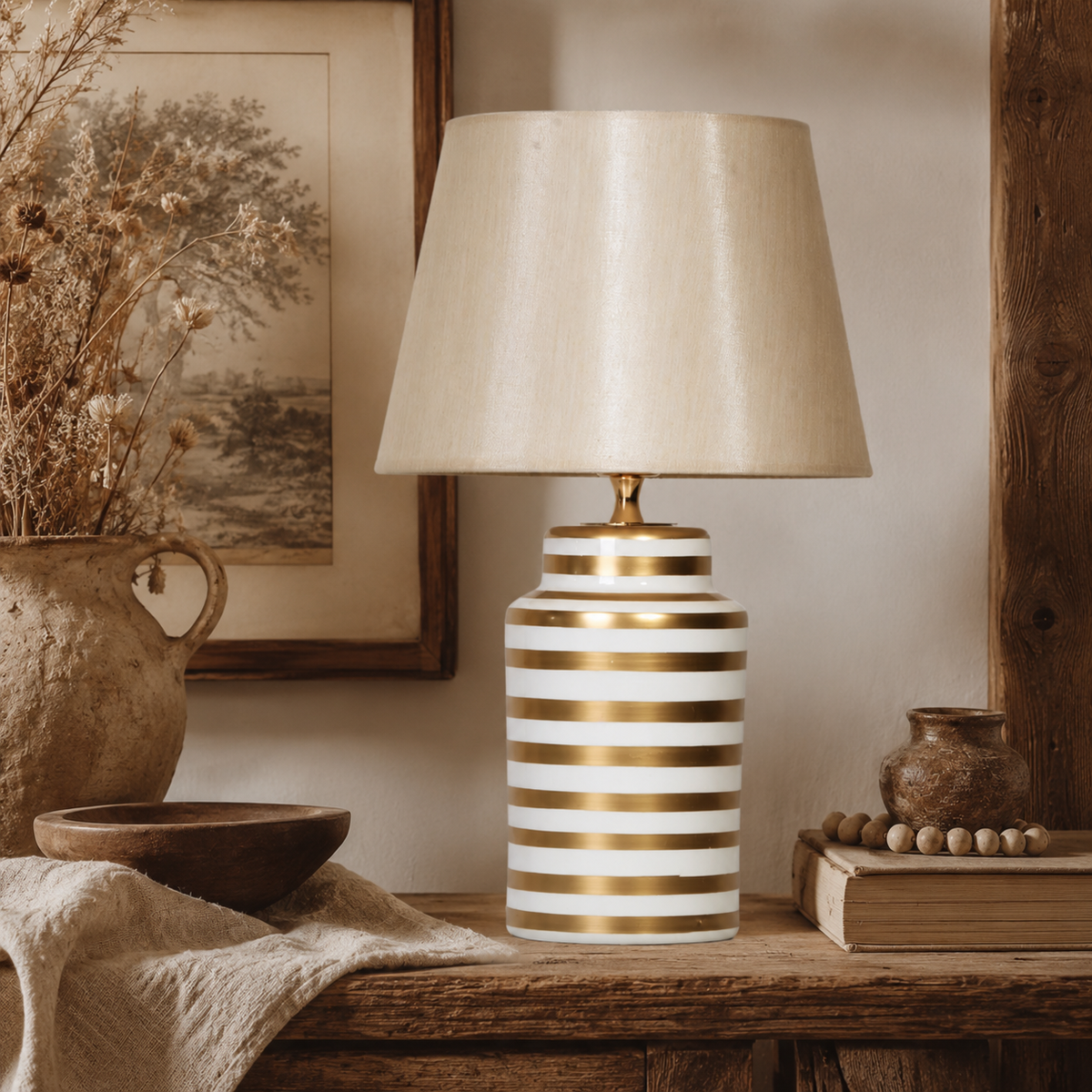 White & Gold Striped Ceramic Table Lamp, Ivory Shade Bedside Lamp
