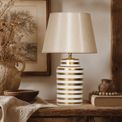 White & Gold Striped Ceramic Table Lamp, Ivory Shade Bedside Lamp