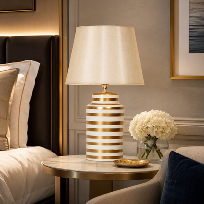 White & Gold Striped Ceramic Table Lamp, Ivory Shade Bedside Lamp